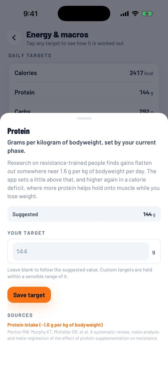 The protein target opened to show how it is worked out, with its suggested value and sources.