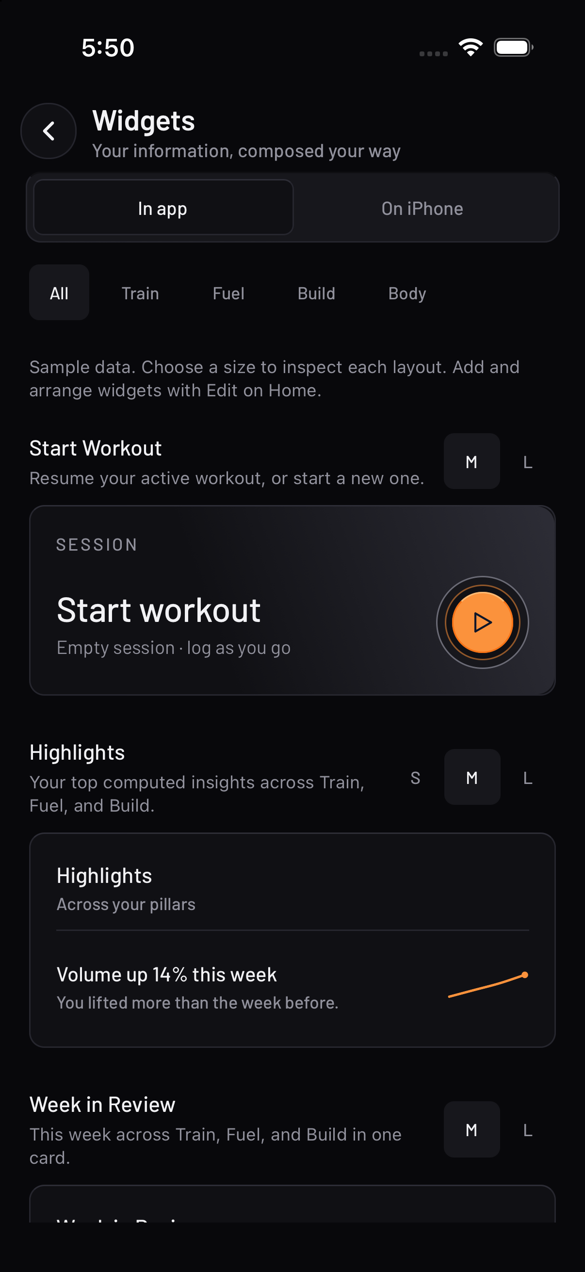 ReInvent widget catalog showing a graphite Start Workout instrument and Highlights trend card.
